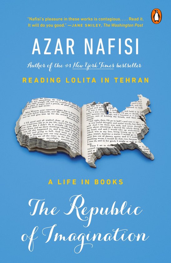 Boekcover "The Republic of Imagination" van Azar Nafisi. De cover toont open geslagen boekpagina's in de vorm van de VS. Met citaten en titel in gele en witte letters.
