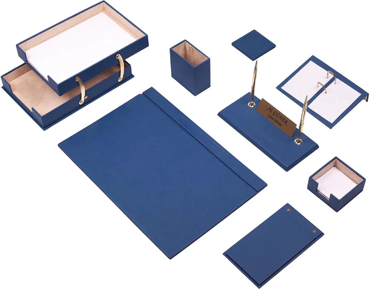 Lederen bureau Set - BLAUW - Bureau accessoires Set - 10 Accessoires - Office Desk Organizer Set - handgemaakte lederen bureau set - Manager Gift