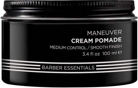 Zwarte pot Maneuver Cream Pomade met witte tekst, medium hold, gladde finish, 100 ml.