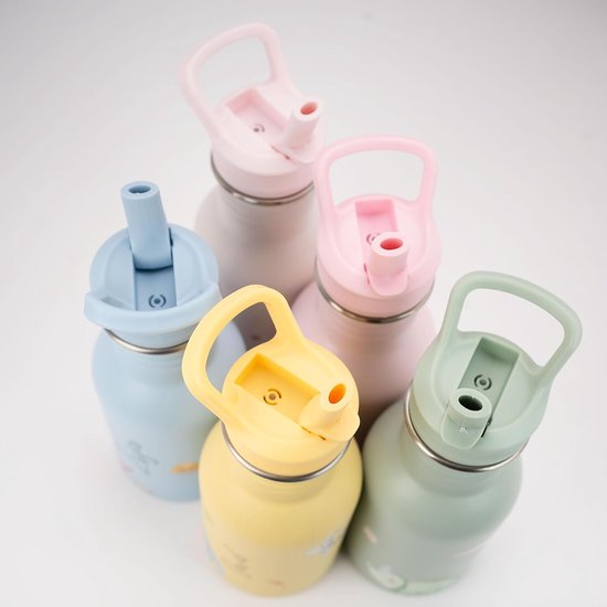 Vijf drinkflessen in pastelkleuren: lichtblauw, roze, geel en groen, met rietjes en handvatten.