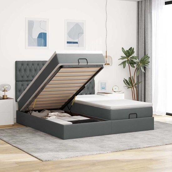 vidaXL Lit ottoman avec matelas et lumières LED, 200 x 200 cm, tissu, gris foncé