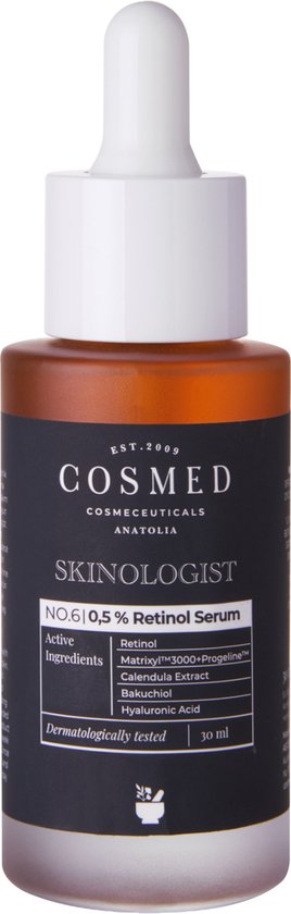 Cosmed Skinologist 0,5% Retinol Serum, donkerbruine glazen fles met witte druppelaar en zwarte label.