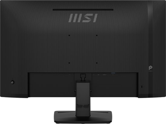 Achterkant van een zwarte MSI monitor met gestreept design en MSI logo.