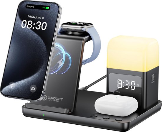 Gadgetplace 6 in 1 Draadloze oplader met Wekker en Nachtlampje - 15 Watt Snellader - Draadloos Oplaadstation - Geschikt voor iPhone en Android