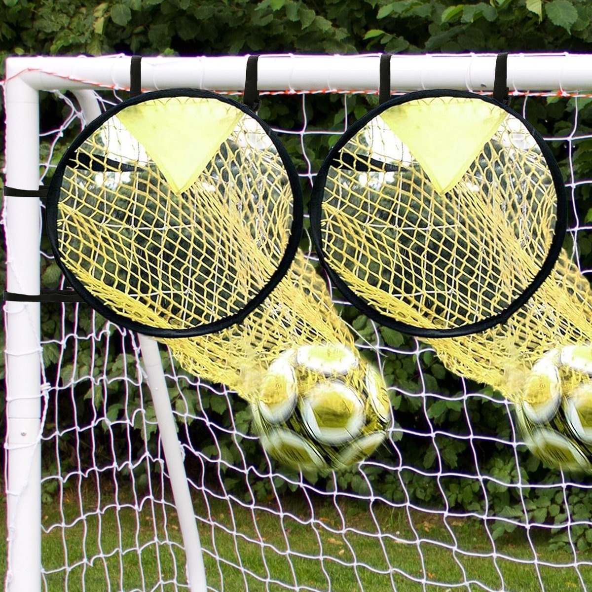 2 stuks voetbaldoelnet -Top box voetbaldoel -Voetbaldoel voor voetbaltraining -Voetbaltrainingsuitrusting -Met verstelbare gesp -Eenvoudig te installeren en te verwijderen, verbetert de schietnauwkeurigheid -Geel