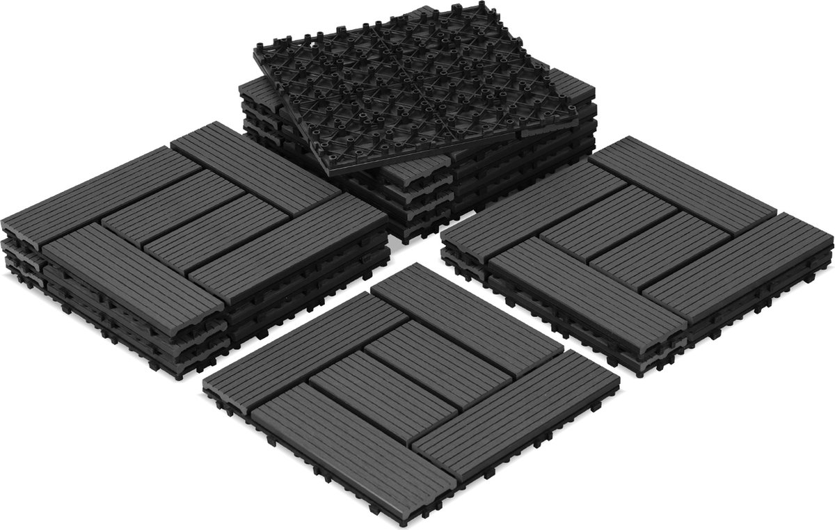 Terrastegels - 44 Stuks - 4 m² - WPC Composiet Kunststof - 30x30cm - 6 strepen - Antraciet - Makkelijke en Snelle Montage - Balkontegels - Vlondertegel Set - Onderhoudsvrij - Tuin, Balkontegels - Terrasplanken