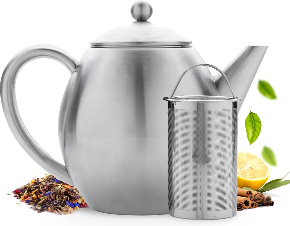 Theepot - Roestvrij staal - Mat - Dubbelwandig - 1.2 l - Druppelt niet - Houdt thee warm