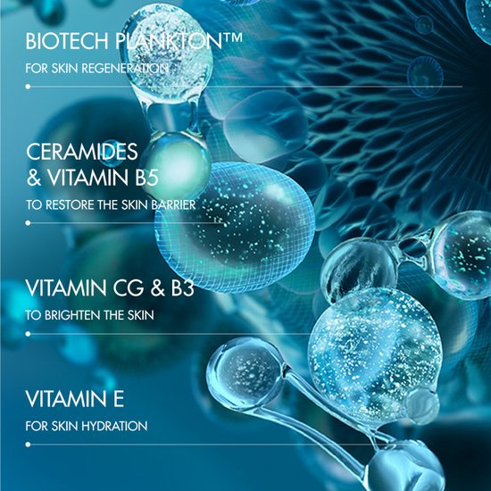 Illustratie van Biotech Plankton, ceramides, vitamine B5, CG, B3 en E voor huidregeneratie.