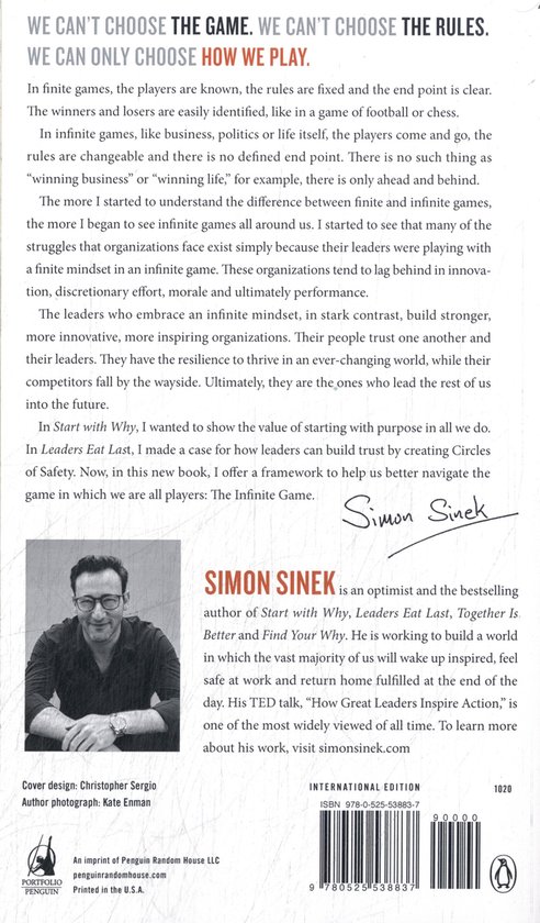 De achterkant van het boek 'The Infinite Game' met een foto van Simon Sinek, een beschrijving van het boek en de auteur, en de ISBN-gegevens.