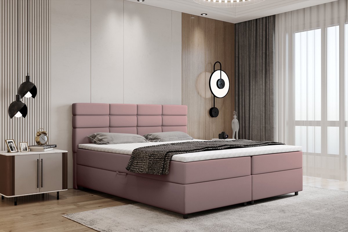 Boxspring met opbergruimte Reve 180 x 200 cm tweepersoons-Inclusief Topper- roze