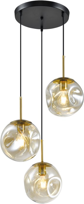QUVIO Hanglamp Eettafel - 3-Lichts - Design Hanglamp - Glazen Bollen - Modern & Hotel Chique - E27 Fitting - Hanglampen Woonkamer - Sfeervolle Verlichting - Goud & Zwart - Plafondlamp - Ø42 cm - Verstelbare Hoogte - Metaal & Glas