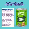 Blik Edgard & Cooper Lamb & Beef, met ingrediëntenlijst: lam 30%, rund 30%, wortel 2%.