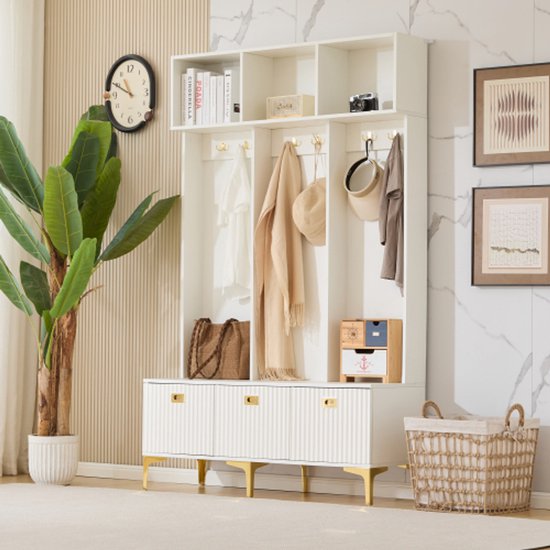 Multifunctioneel entreemeubel met bank, kapstok, planken, 4