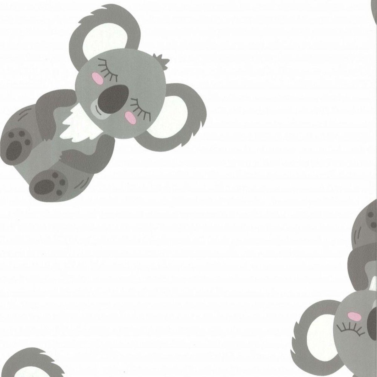 Behang - Koala's - Dieren behang - Baby- en kinderkamer - Scandinavisch - Wit grijs roze - 0,53 x 10,05 m - Fabulous World