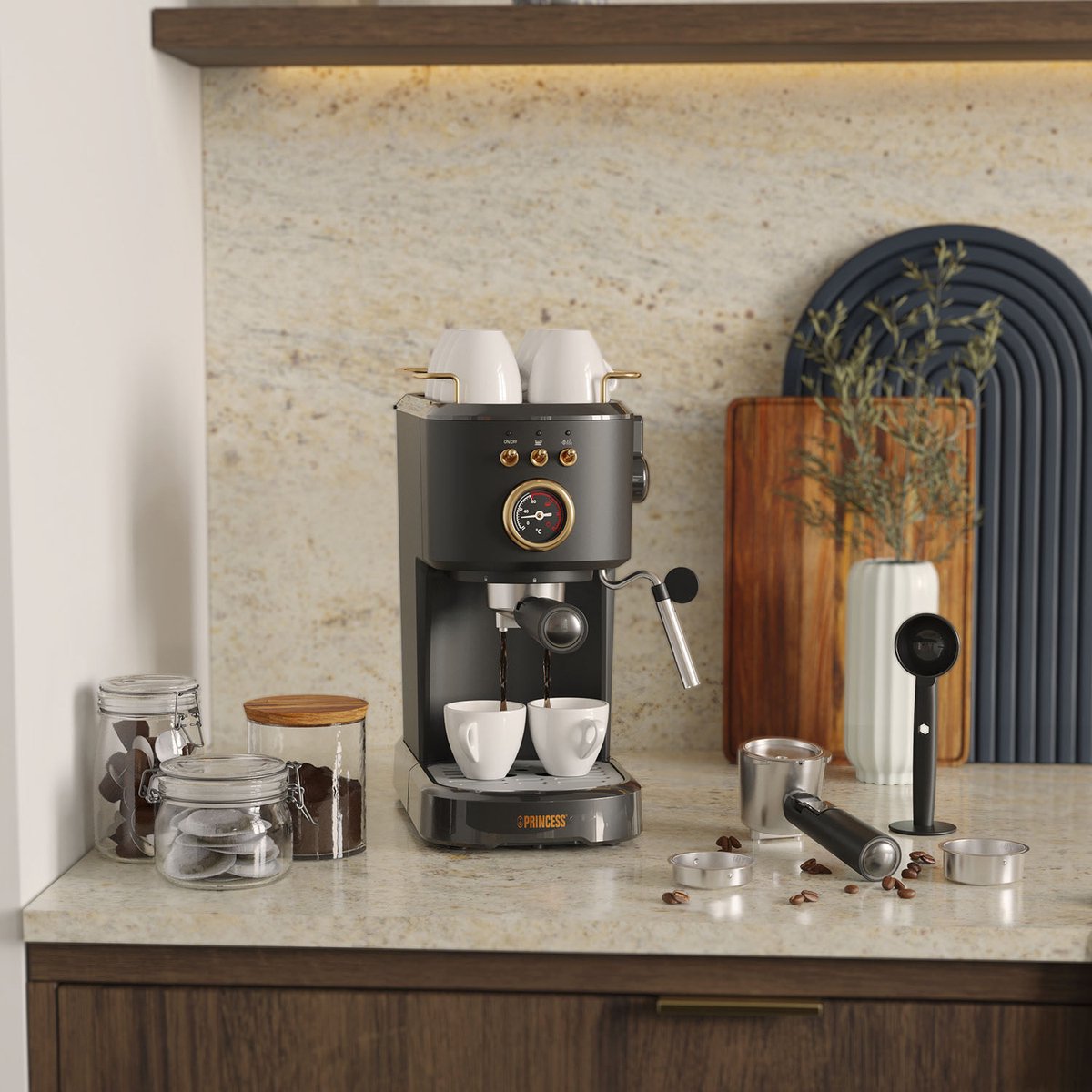 Princess 249417 Espressomachine – 20 Bar – Geschikt voor Gemalen Koffie, Pads & Cups – Met Melkopschuimer – 1,2L Watertank – 2 Kopjes Tegelijk – Kopjesverwarmer – Zwart – Cappuccino & Latte Machine — afbeelding 5