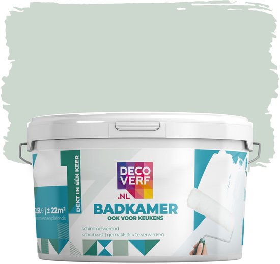 Pot de peinture blanche vert sauge pour salle de bain de Decoverf.nl. Avec pinceau et rouleau.