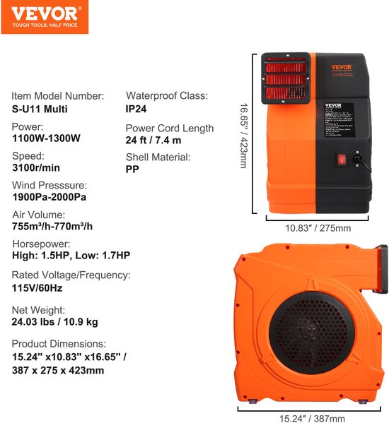 VEVOR Blower voor Opblaasbaar Springkasteel 1100w Blowerpomp Luchtpomp 770 M³/H van VEVOR — afbeelding 2