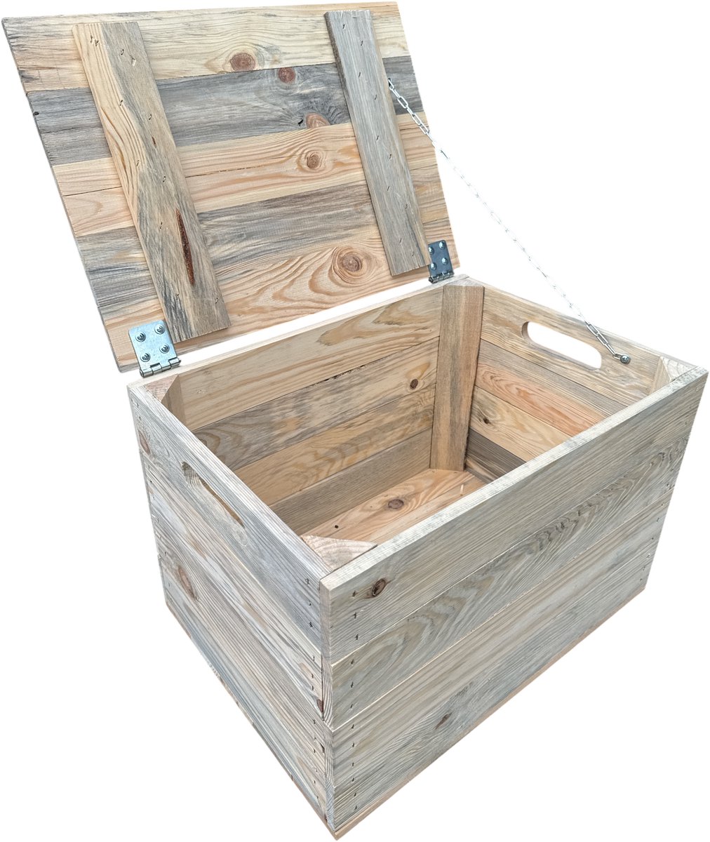 Klepkist met vaste deksel- gemaakt van gebruikt hout - Naturel 48.5cm - Stevige stoere houten kist met vaste deksel, gemaakt van gebruikt hout, geschuurd, maar waar het vorige leven nog zichtbaar is.