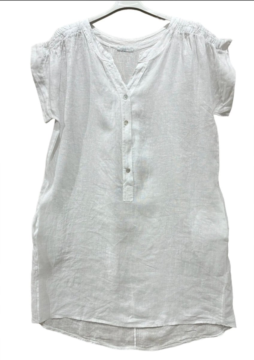 Luchtige linnen jurk- kleur WIT- korte raglan mouwen - zijzakken en knoppen - maat 42/44