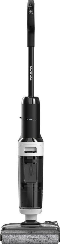 Zwarte Tineco vloerreiniger met de roller zichtbaar, op een witte achtergrond.