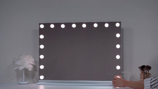 Coiffeuse Avec Miroir Hollywood LED 100x80 Cm Et 13 Tiroirs - Plateau Verre, Ports USB, 3 Couleurs De Lumière, Blanc