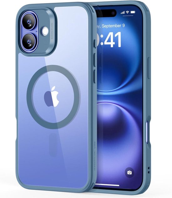 iPhone 16 hoesje, transparant blauw met een subtiele gradiënt en een duidelijke MagSafe-ring.