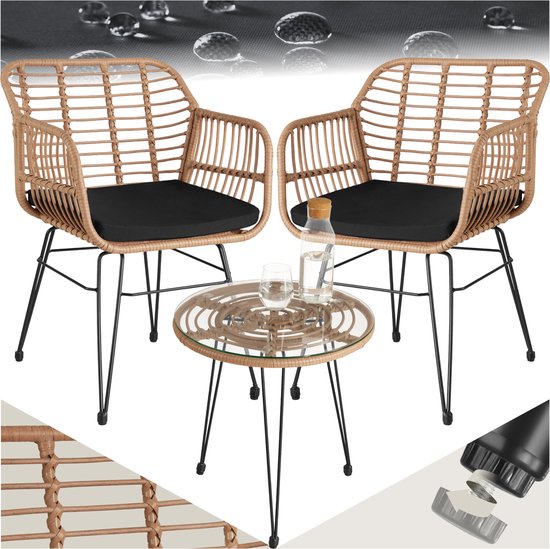 tectake® Tuinset Molfetta - Outdoor Wicker Zitgroep - Meubel voor 2 Personen - 3-delige Bistroset - Balkonmeubel - Tuinmeubelset met 2 Stoelen + Tafel - Kleine Weerbestendige Lounge voor Tuin, Balkon, Terras