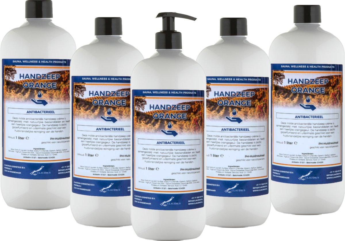 Goedkoopste Handzeep Orange 1 liter - met gratis pomp - set van 5 stuks - Voordeelverpakking