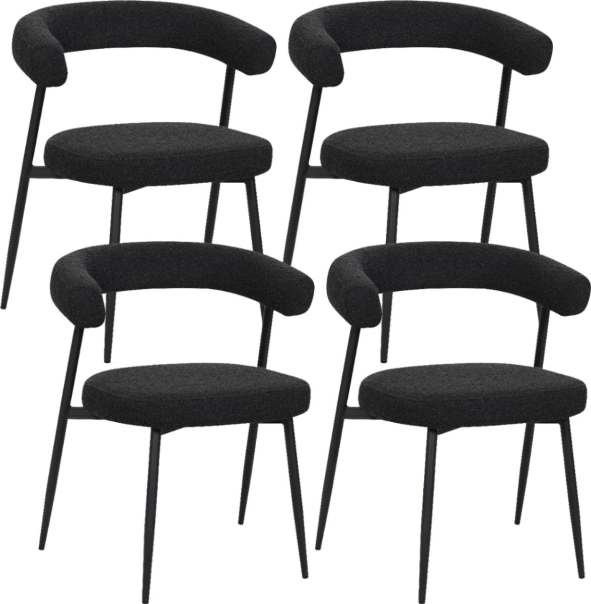 BukkitBow Eetkamerstoel / Keukenstoel - Geschikt als Make-up Stoel - Chenille Stof & Metalen Onderstel - Open Design - Zwart - 4 Stuks