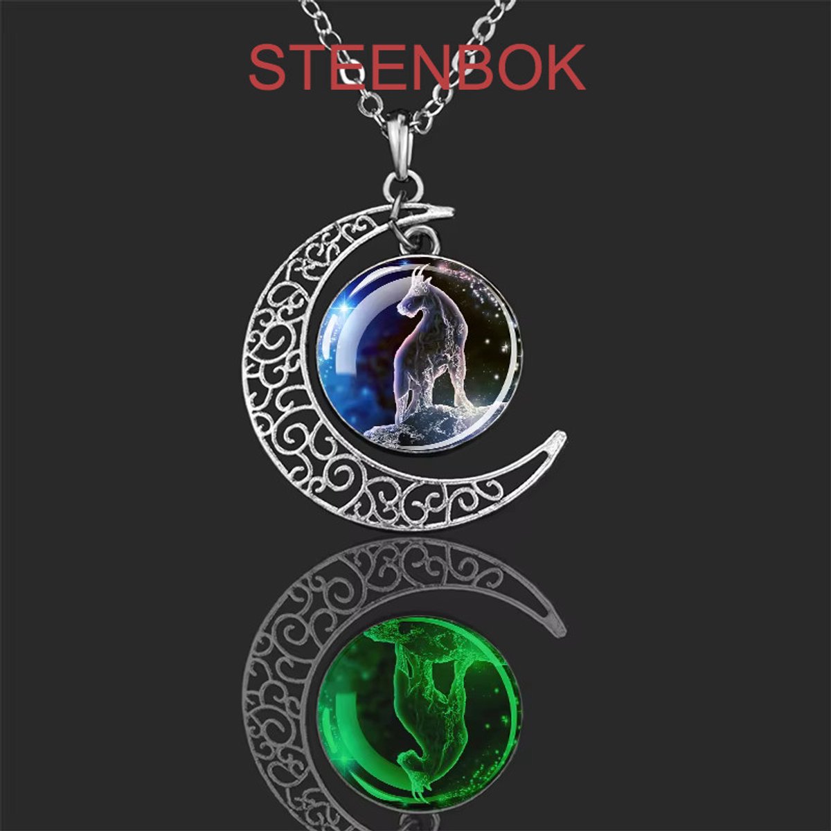 My Sweet Romance® - Ketting met lichtgevende hanger met het sterrenbeeld Steenbok (Capricornus)– zilverkleurig - lengte ketting met sterrenbeeld 47 cm – geboortedatum 22 december tot en met 20 januari.