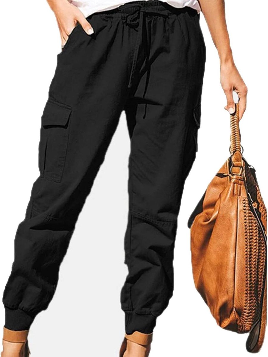 Elegante Dames Cargo Broek met Multi Zakken en Elastische Taille (M-Zwart)