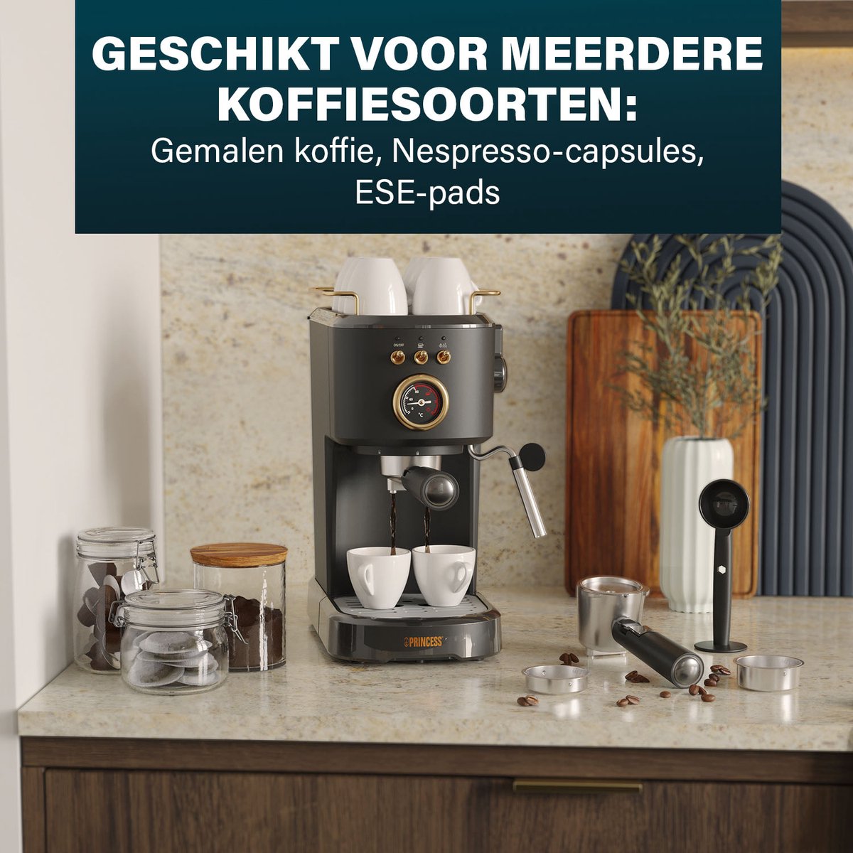 Princess 249417 Espressomachine – 20 Bar – Geschikt voor Gemalen Koffie, Pads & Cups – Met Melkopschuimer – 1,2L Watertank – 2 Kopjes Tegelijk – Kopjesverwarmer – Zwart – Cappuccino & Latte Machine — afbeelding 3
