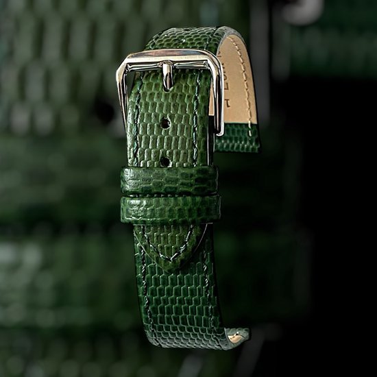 Bracelet montre-20mm-vert-croco-lézard print-cuir véritable-boucle plate-argent-20 mm