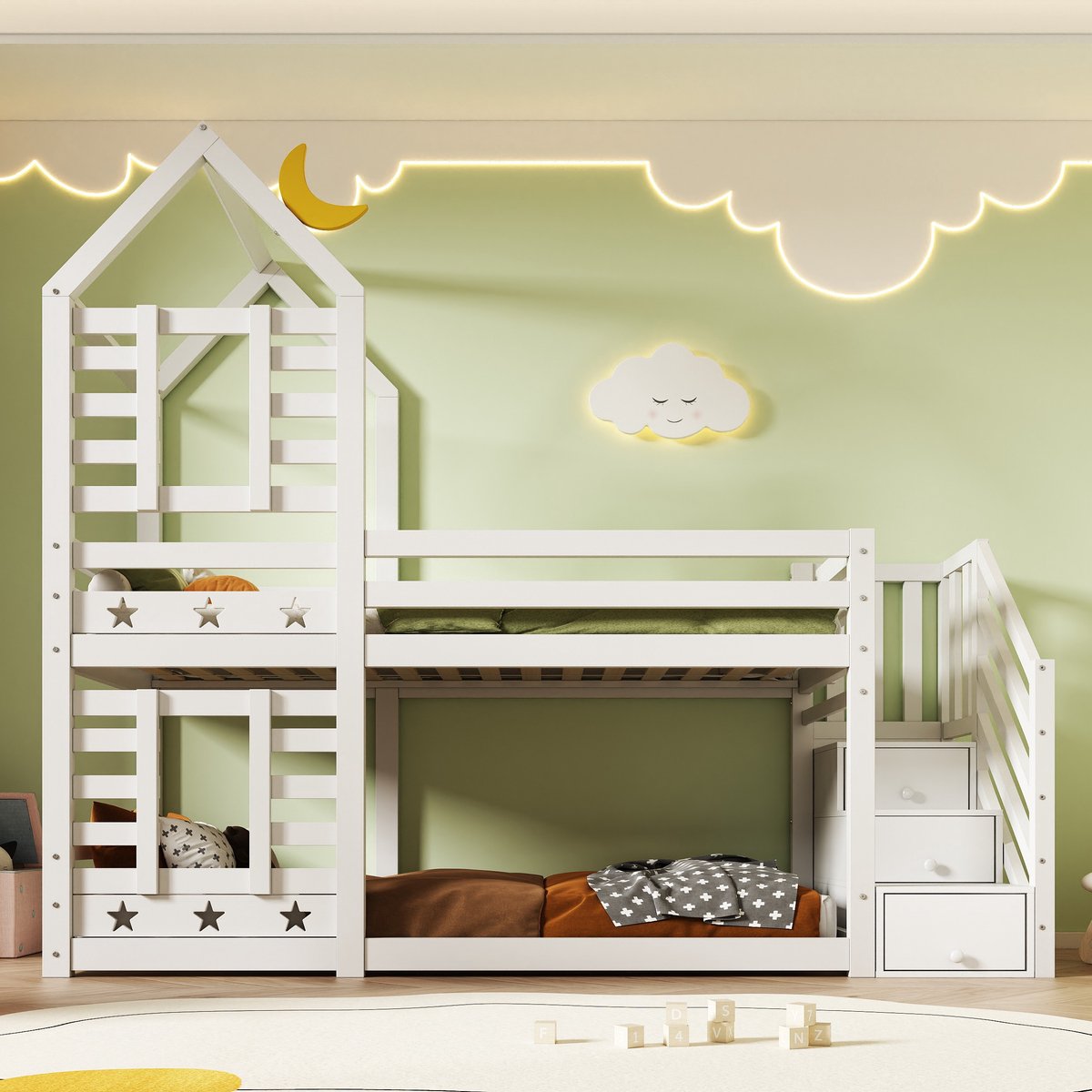 Sweiko Kinderbed Boomhuis met lade en valbeveiliging 90 x 200 cm, stapelbed voor kinderen– 2x lattenbod- Wit
