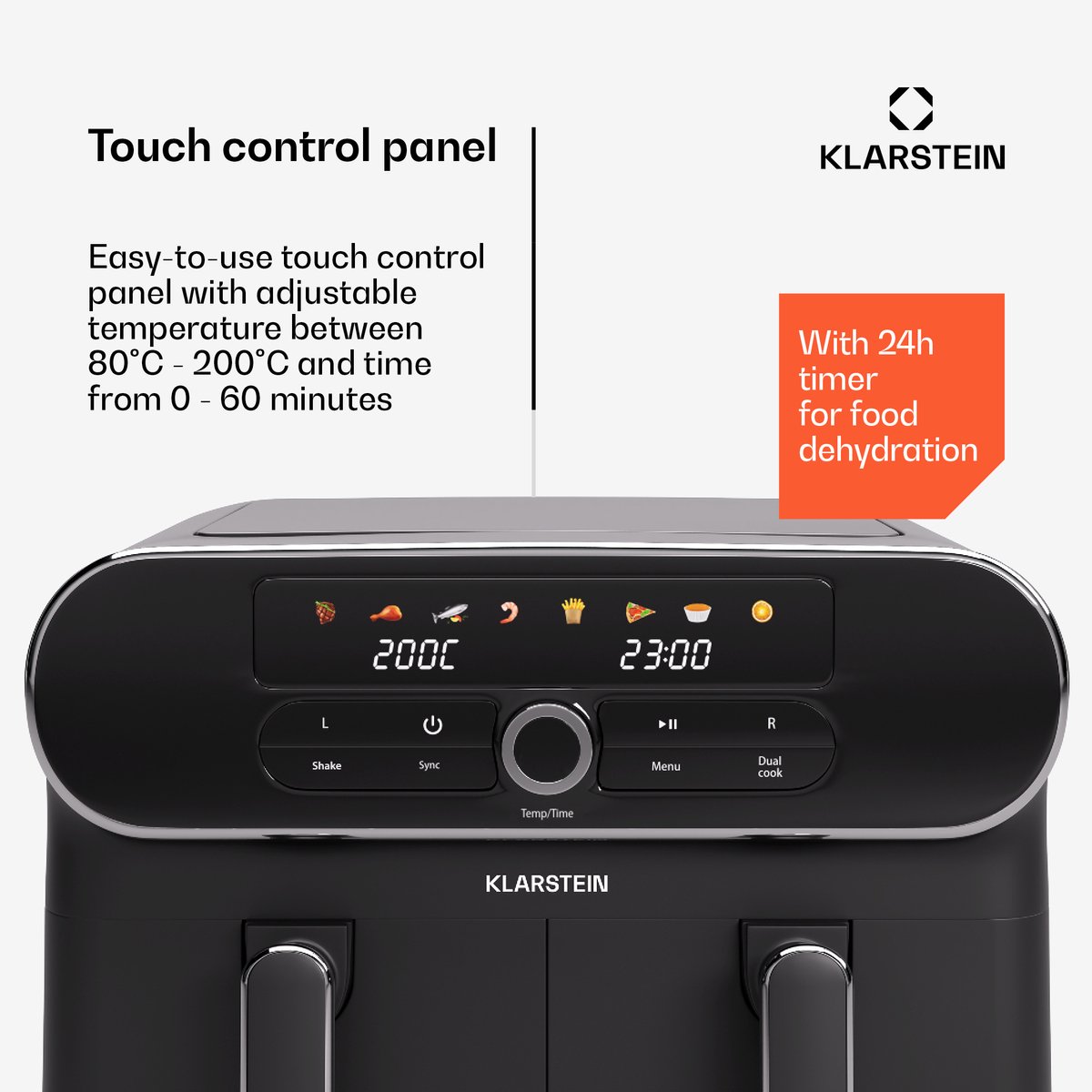 Afbeelding 2 van AuraAir Color Touch heteluchtfriteuse | 2 compartimenten | 11 L | 1700 W | 80 - 200 °C | 8 programma's