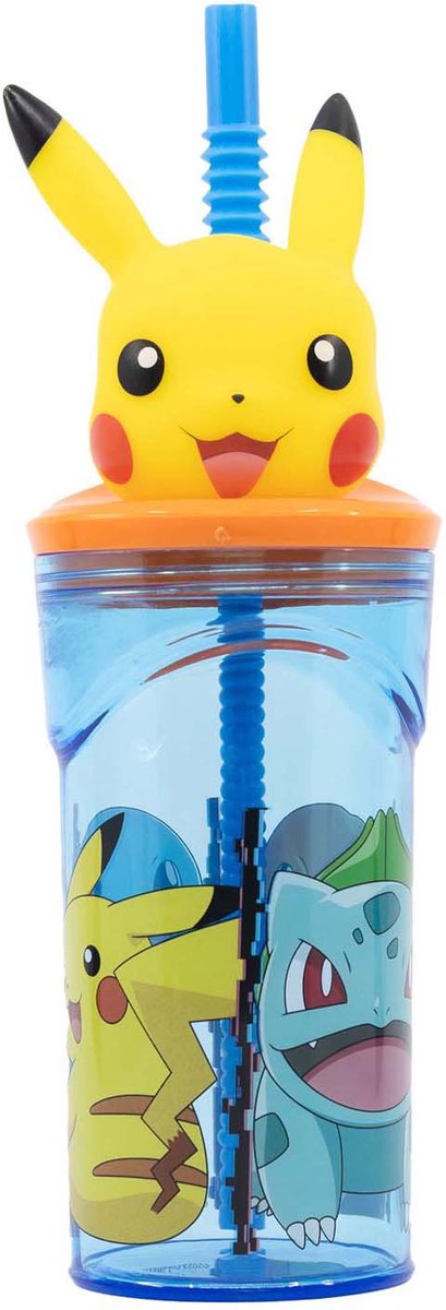 Pokémon Drinkbeker met rietje – 360 ml – Herbruikbaar – Met 3D-figuur – BPA-vrij – Tumbler voor kinderen vanaf 4 jaar – Transparant blauw