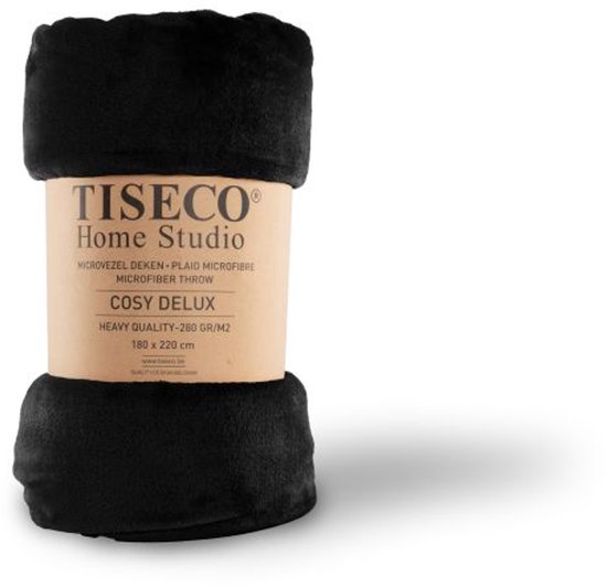 Zwart Cosy Delux microvezel plaid van Tiseco Home Studio, 180x220 cm, opgerold.