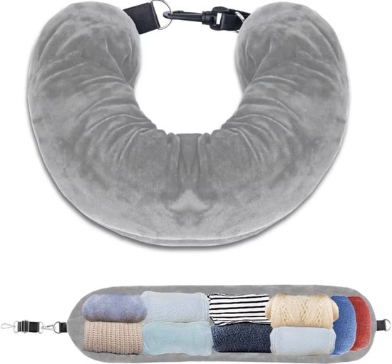 Nekkussen vliegtuig - Nekkussen als opbergtas voor onderweg - Grijs - Velvet Stof - Reiskussen om te vullen met spullen en kleding - Lichtgewicht, Ademende hoofdsteun