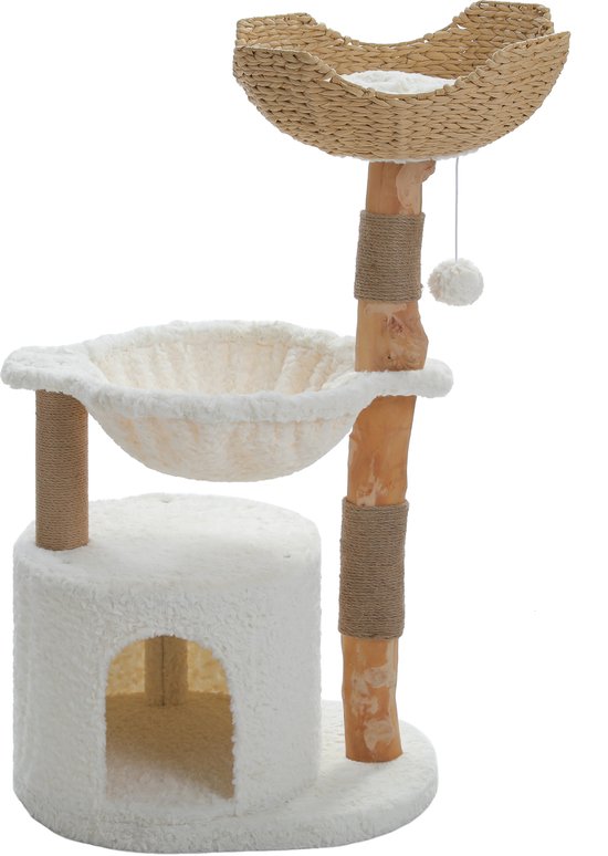 Houten krabpaal met witte pluche grot, hangmat en geweven mand.