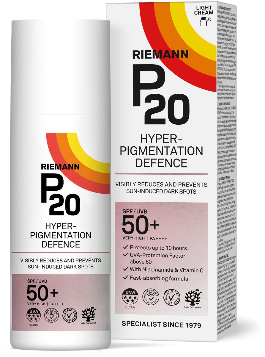 P20 Hyperpigmentation Defence SPF 50+ - Zonnebrand voor gezicht en hals - Vermindert zichtbaar en voorkomt door de zon veroorzaakte pigmentatie en donkere vlekjes - Zeer hoge UVA-bescherming - Met Niacinamide en Vitamine C - 100% parfumvrij - 50 gram
