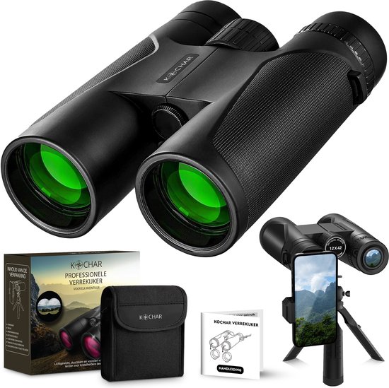 Kochar Verrekijker - 12x42 - Incl. Tripod en Telefoonhouder - BAK4 - Waterdicht - Verrekijker voor volwassenen & kinderen - Groene lens