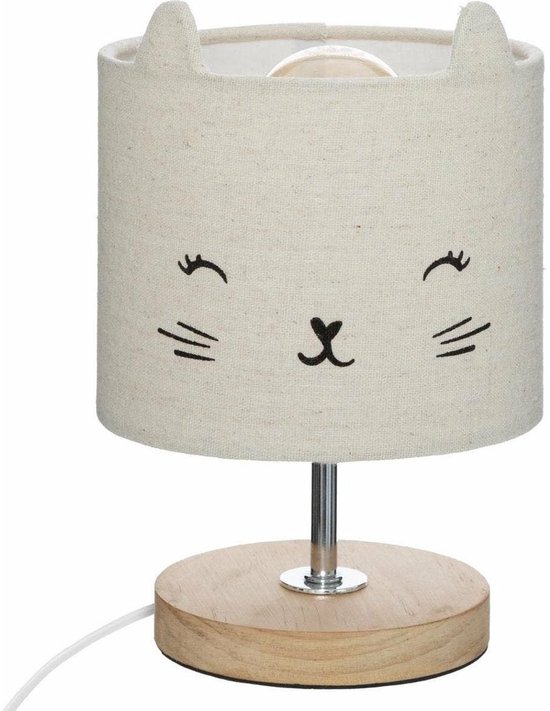 Trendoz Nachtlampje kat - voor kinderen - grijs - linnen - D15 x 21 cm - Tafellamp/bureaulamp