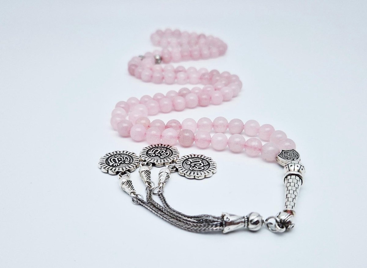 Handgemaakte tesbih "Tasbih" natuursteen "Roze kwartz" - Aantal kralen 99 - Diameter kralen 8MM - met metaal tassel "Allah" - Een mooi cadeau-idee