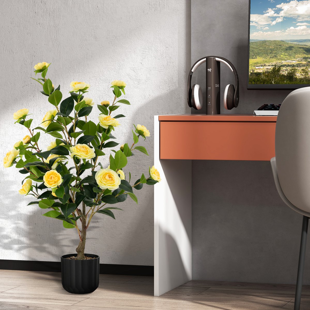 Twee 95 cm Kunstcamelia Kunstplant met Nepbloemen in een Cementpot Nepbloemenplant met 24 Bloemen (2 , Wit) - Costway