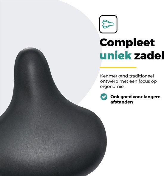 Compleet uniek zwart fietszadel, kenmerkend traditioneel ontwerp met focus op ergonomie.