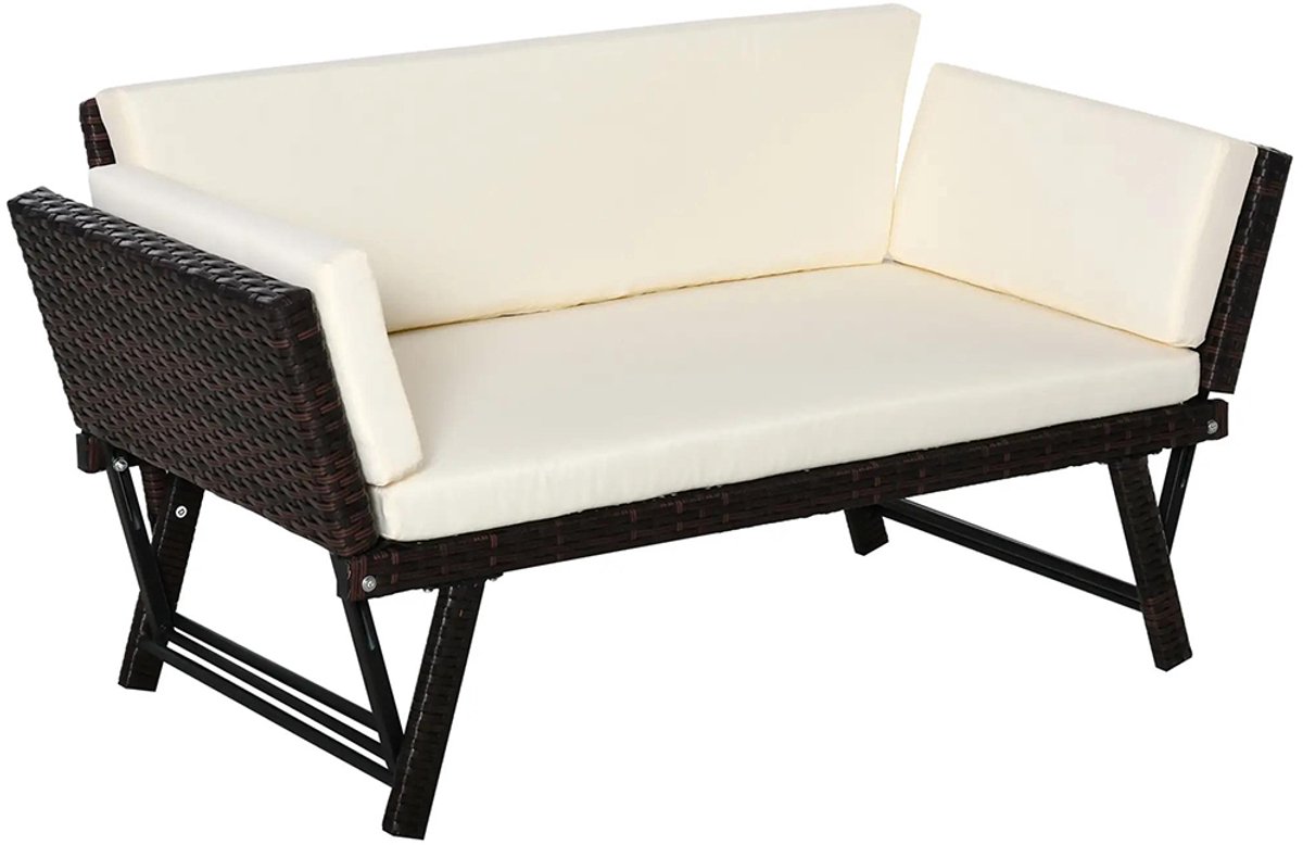 Sweiko Rotan Tuinbank - 129 x 63 x 67 cm - 2 zits loungebank - Opklapbare armleuningen - Staal - Bruin