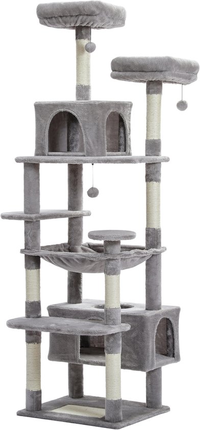 Grijze kattenboom met 7 verdiepingen, 2 huisjes, hangmat, en meerdere zitplaatsen.