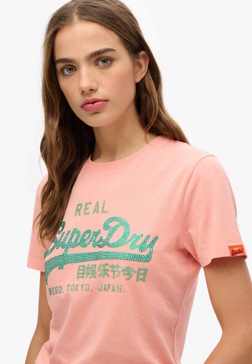 Superdry Vintage Logo slim-fit T-shirt met strass-steentjes Dames T-shirts Peach Amber