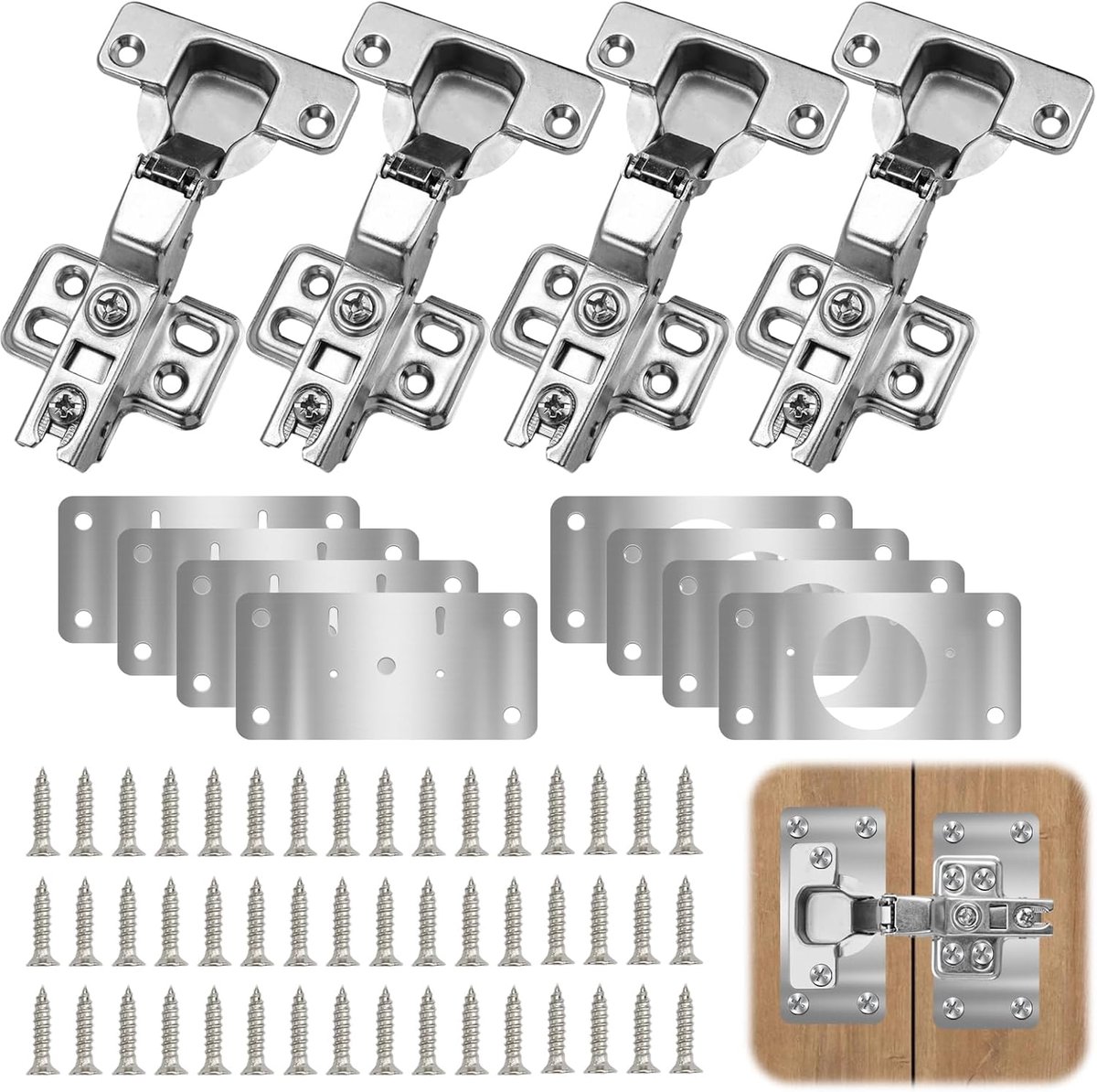 Famanu - Reparatieset voor kastdeurscharnieren, 4 stuks binnenliggende kast- en meubelscharnieren, 8 roestvrijstalen scharnieren, reparatieplaat met 48 schroeven
