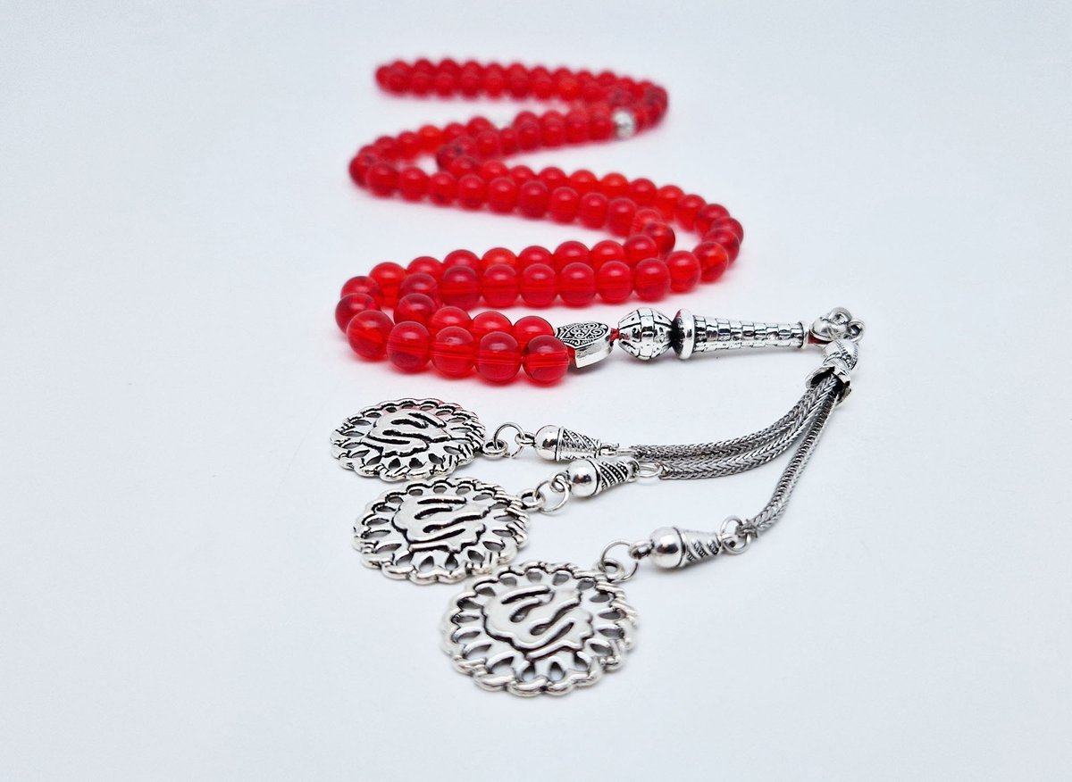 Handgemaakte tesbih "Tasbih" natuursteen "Rode kwarts" - Aantal kralen 99 - Diameter kralen 8MM - met metaal tassel "Allah Muzakhrafa" - Een mooi cadeau-idee